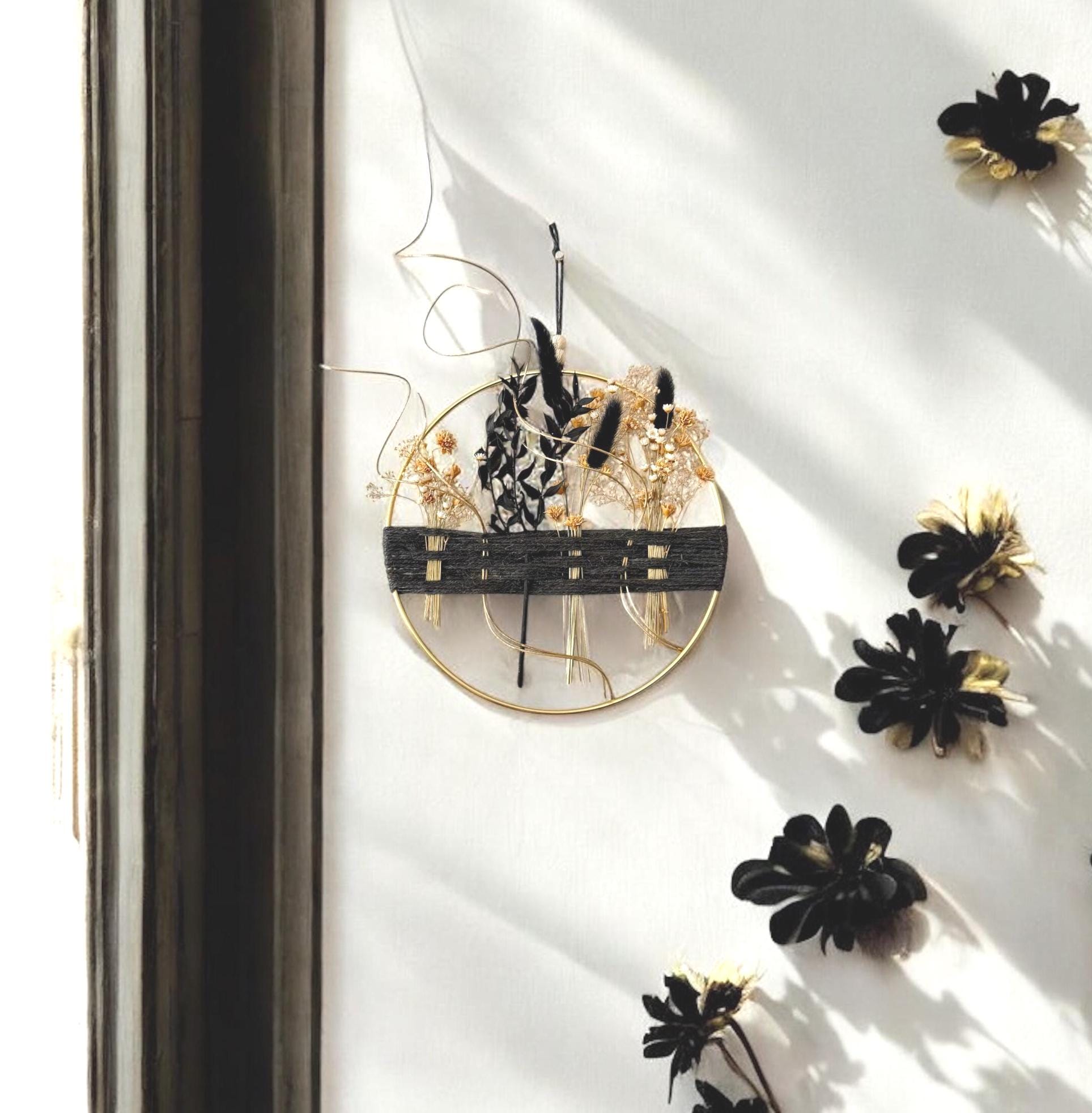 Black & Gold Dried Flower Wreath: Boho Farmhouse Wall Decor