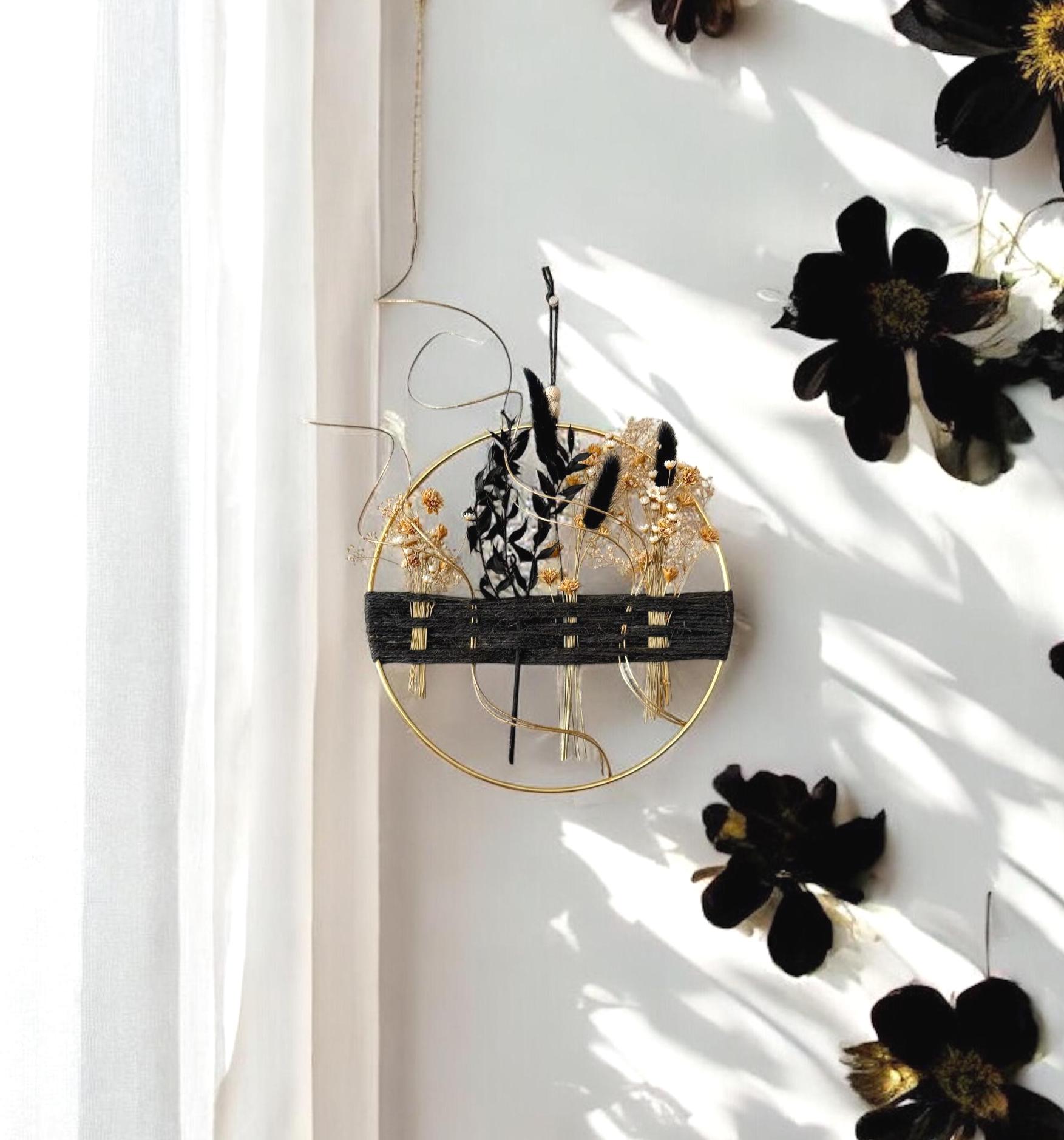Black & Gold Dried Flower Wreath: Boho Farmhouse Wall Decor