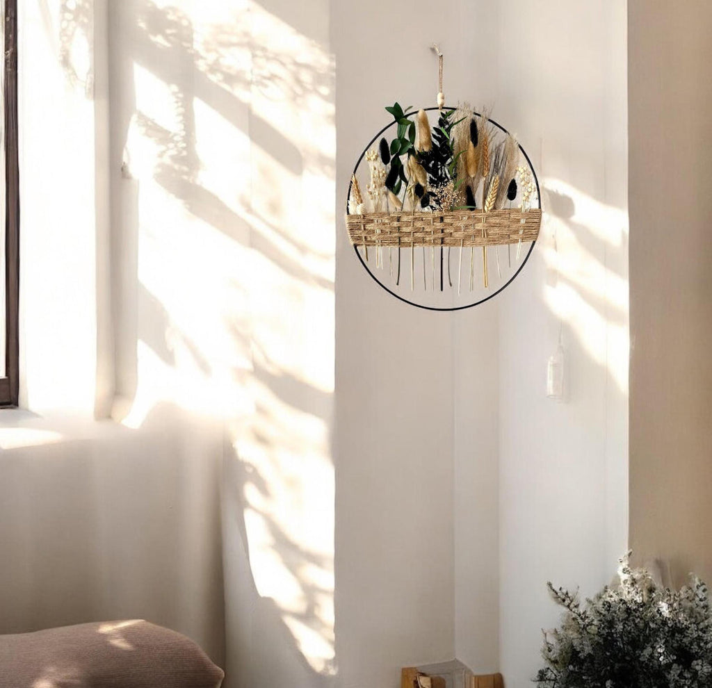 Black & Cream Dried Flower Wreath: Boho Farmhouse Wall Decor