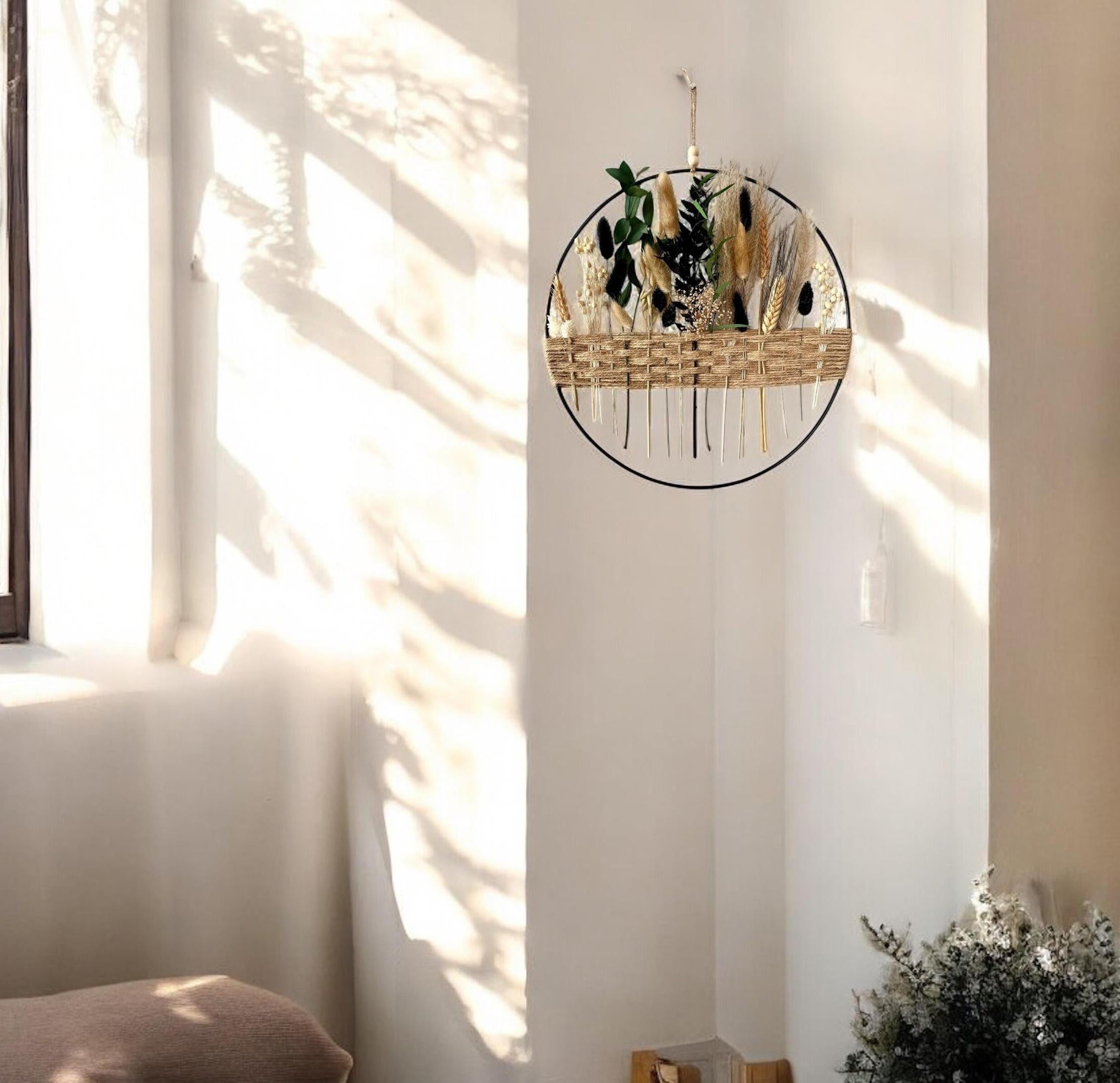 Black & Cream Dried Flower Wreath: Boho Farmhouse Wall Decor