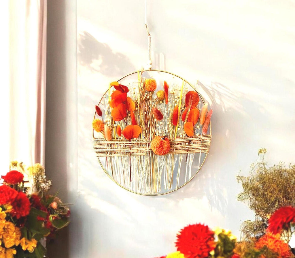 Autumn Pumpkin Dried Flower Wreath: Fall Boho Farmhouse Wall Decor