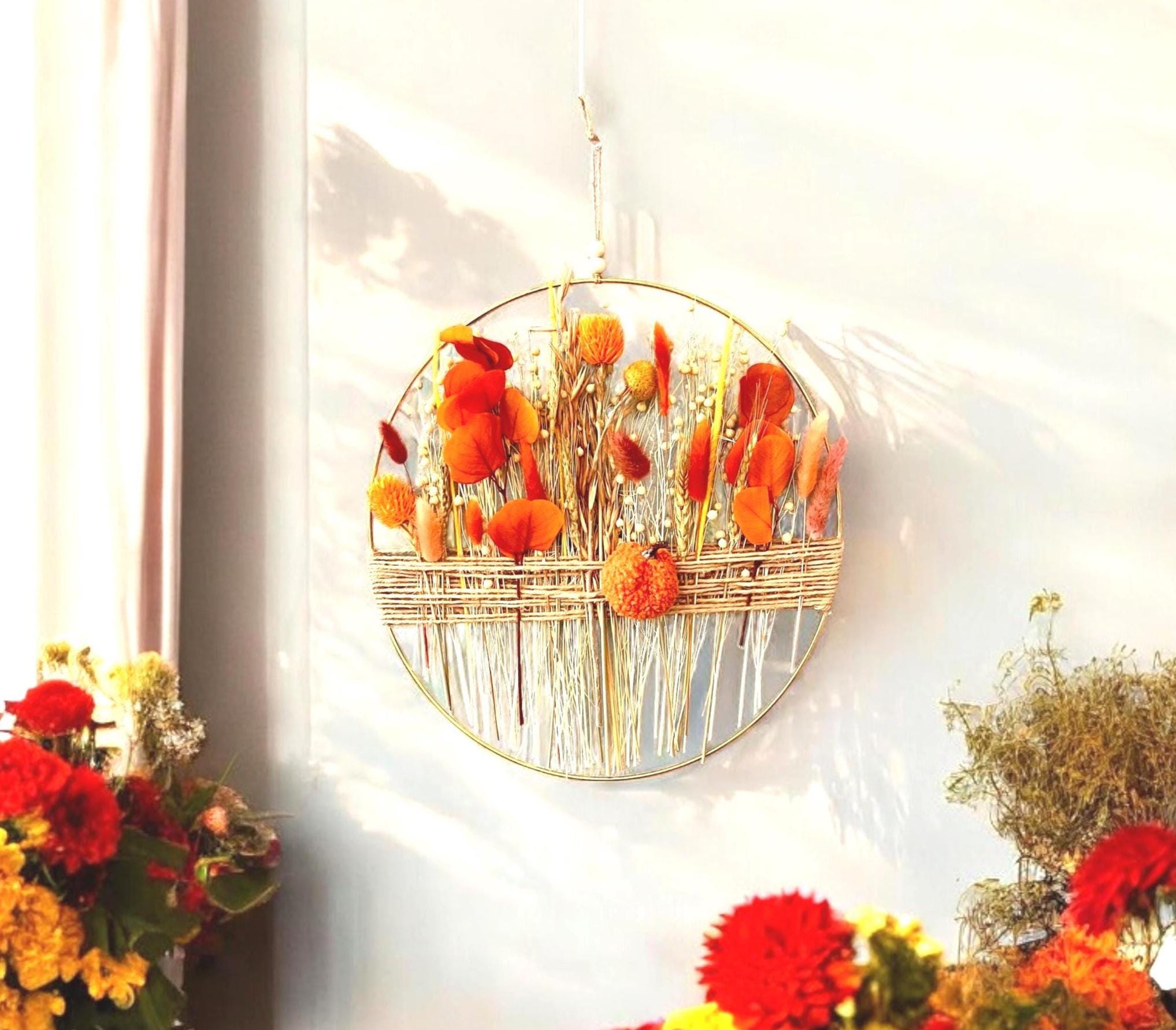 Autumn Pumpkin Dried Flower Wreath: Fall Boho Farmhouse Wall Decor