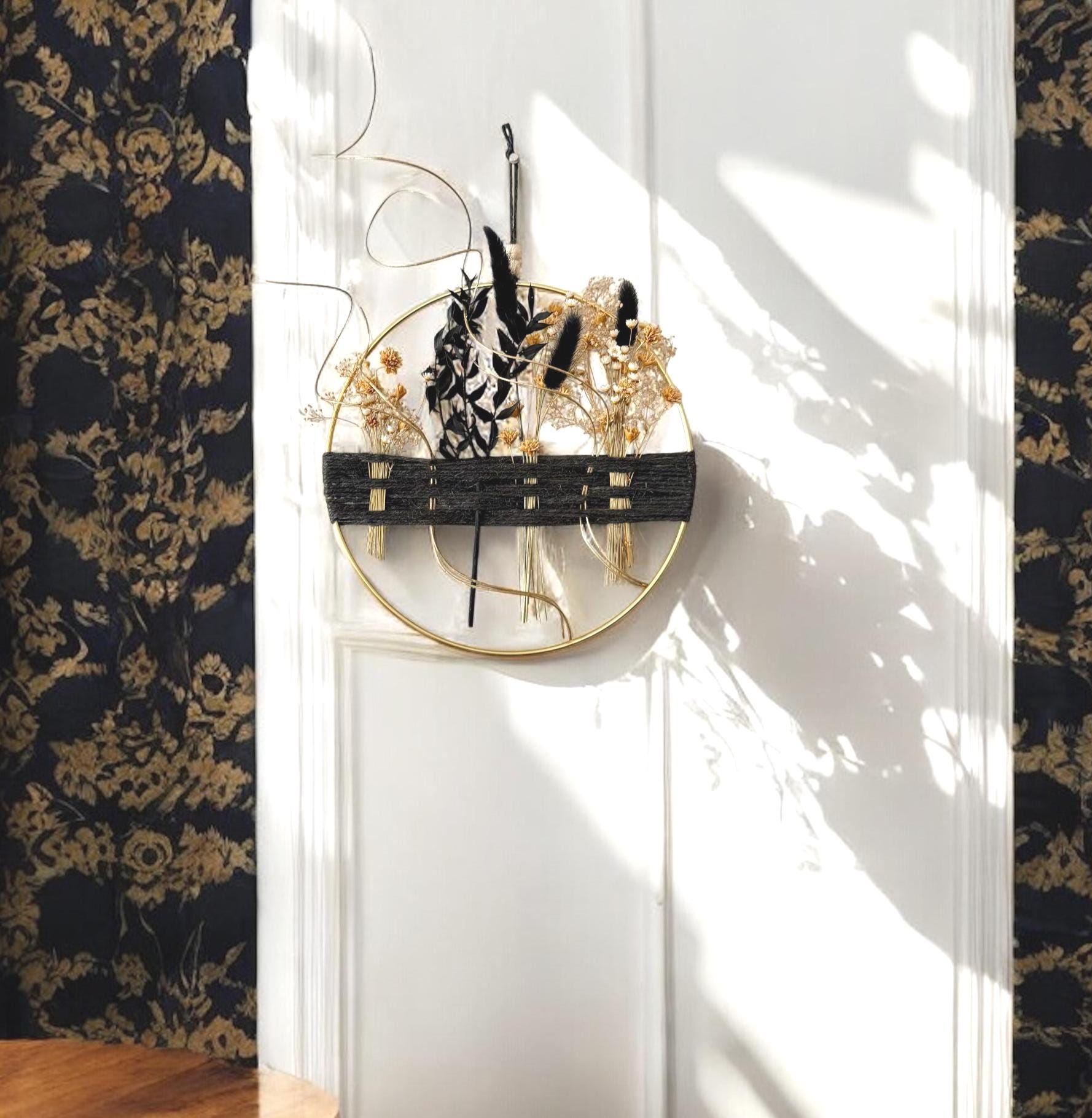 Black & Gold Dried Flower Wreath: Boho Farmhouse Wall Decor