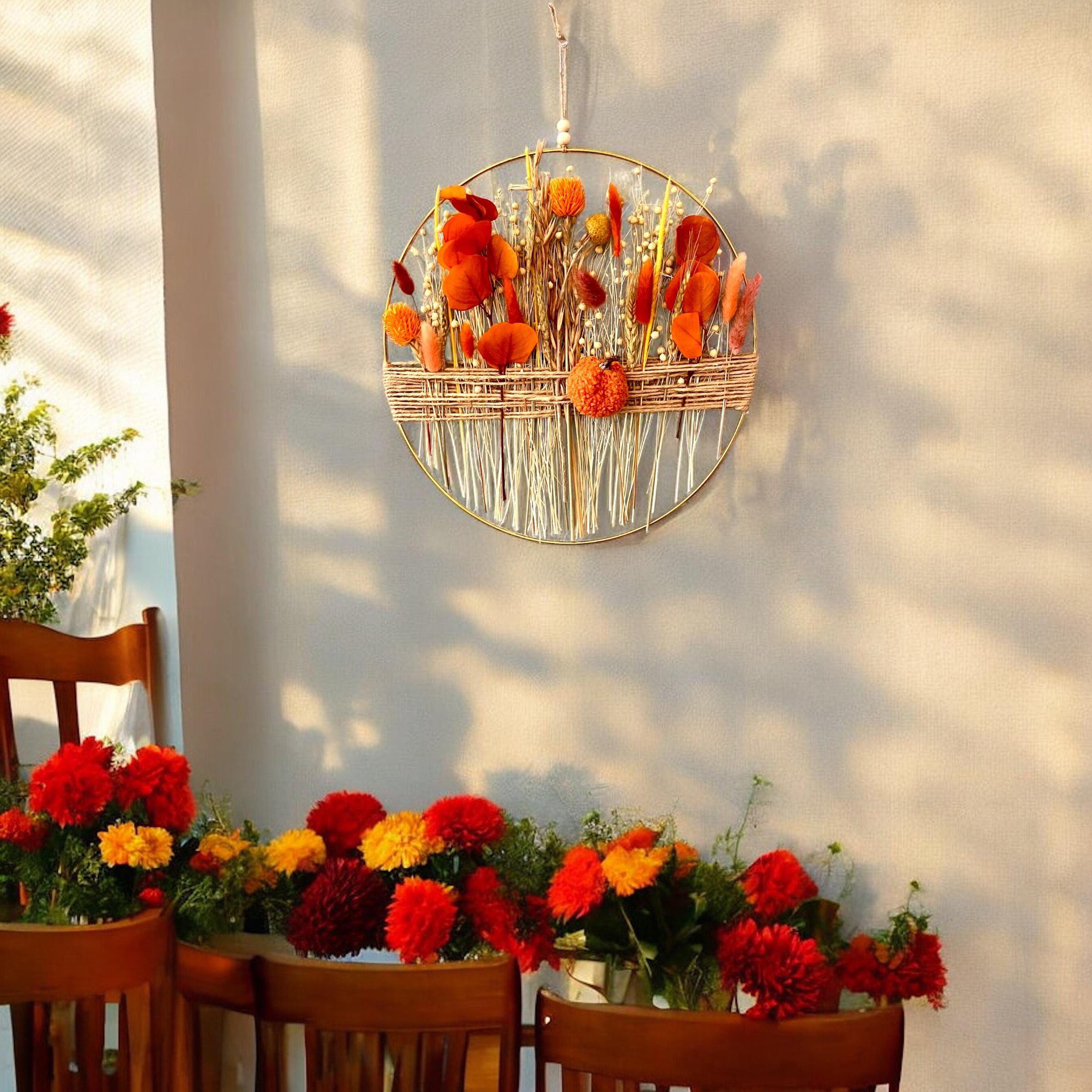 Autumn Pumpkin Dried Flower Wreath: Fall Boho Farmhouse Wall Decor