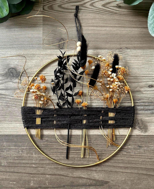 Black & Gold Dried Flower Wreath: Boho Farmhouse Wall Decor
