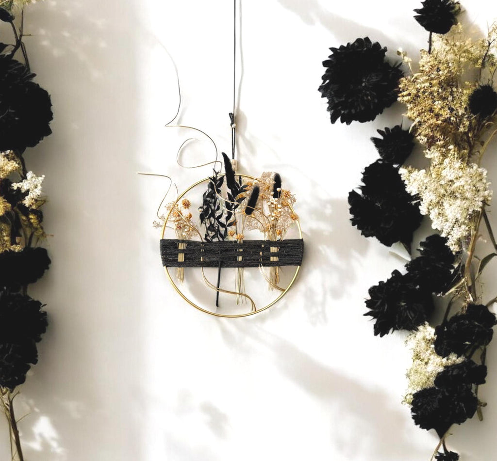 Black & Gold Dried Flower Wreath: Boho Farmhouse Wall Decor