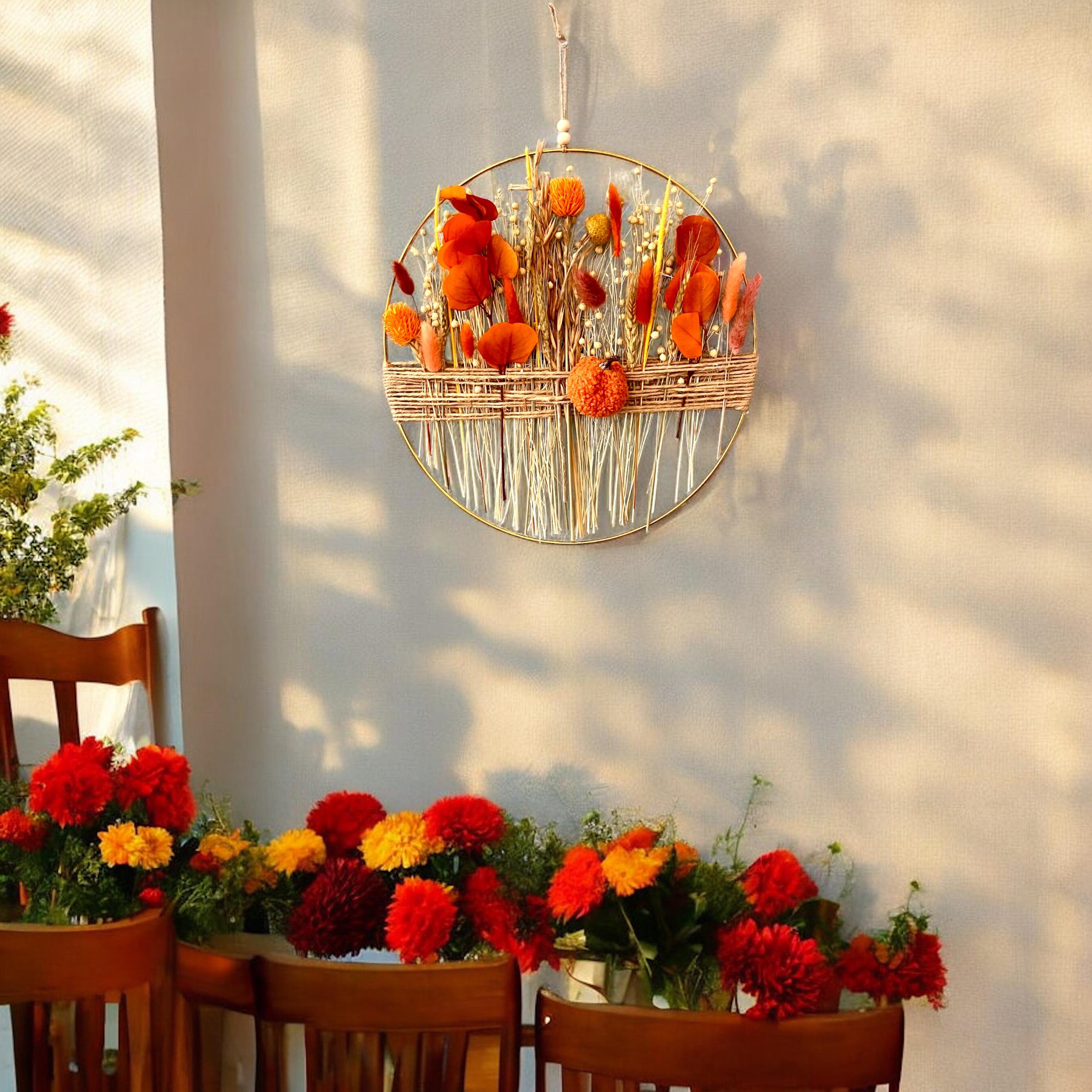 Autumn Pumpkin Dried Flower Wreath: Fall Boho Farmhouse Wall Decor