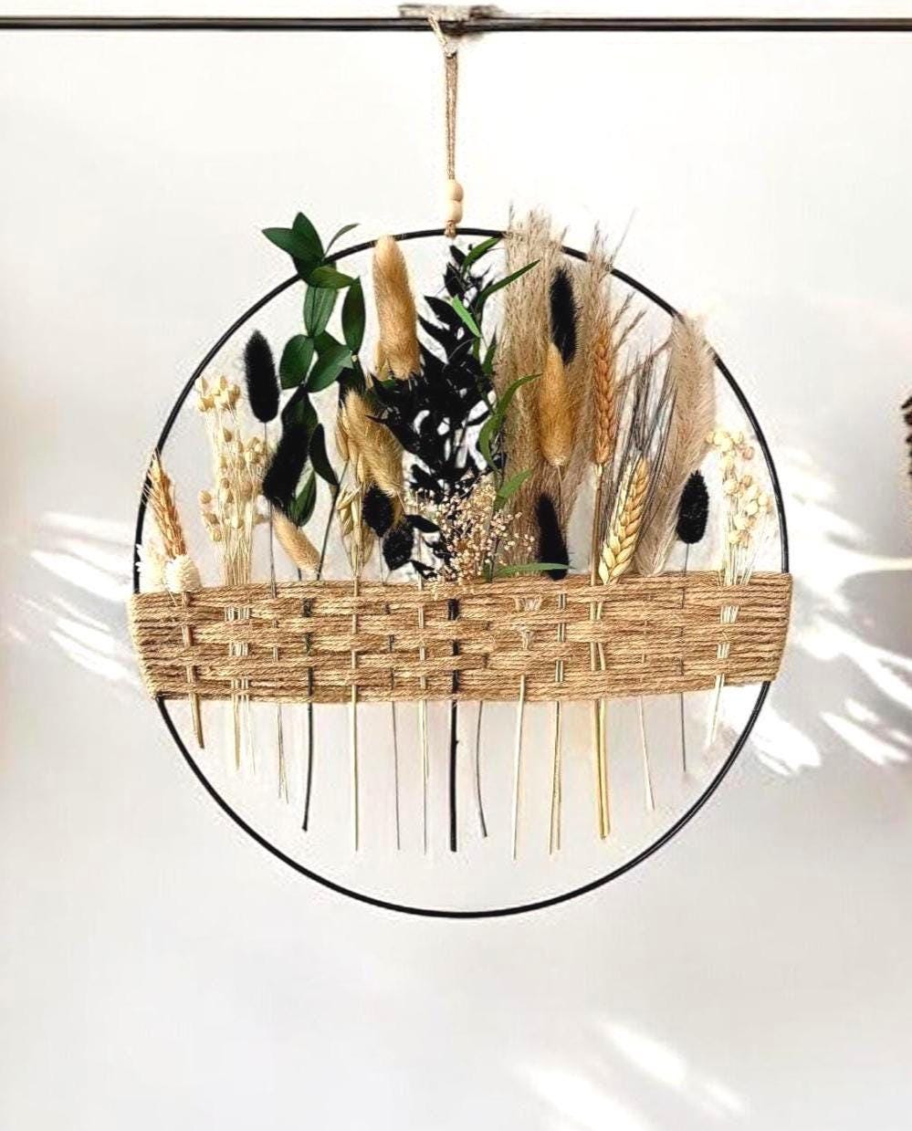 Black & Cream Dried Flower Wreath: Boho Farmhouse Wall Decor