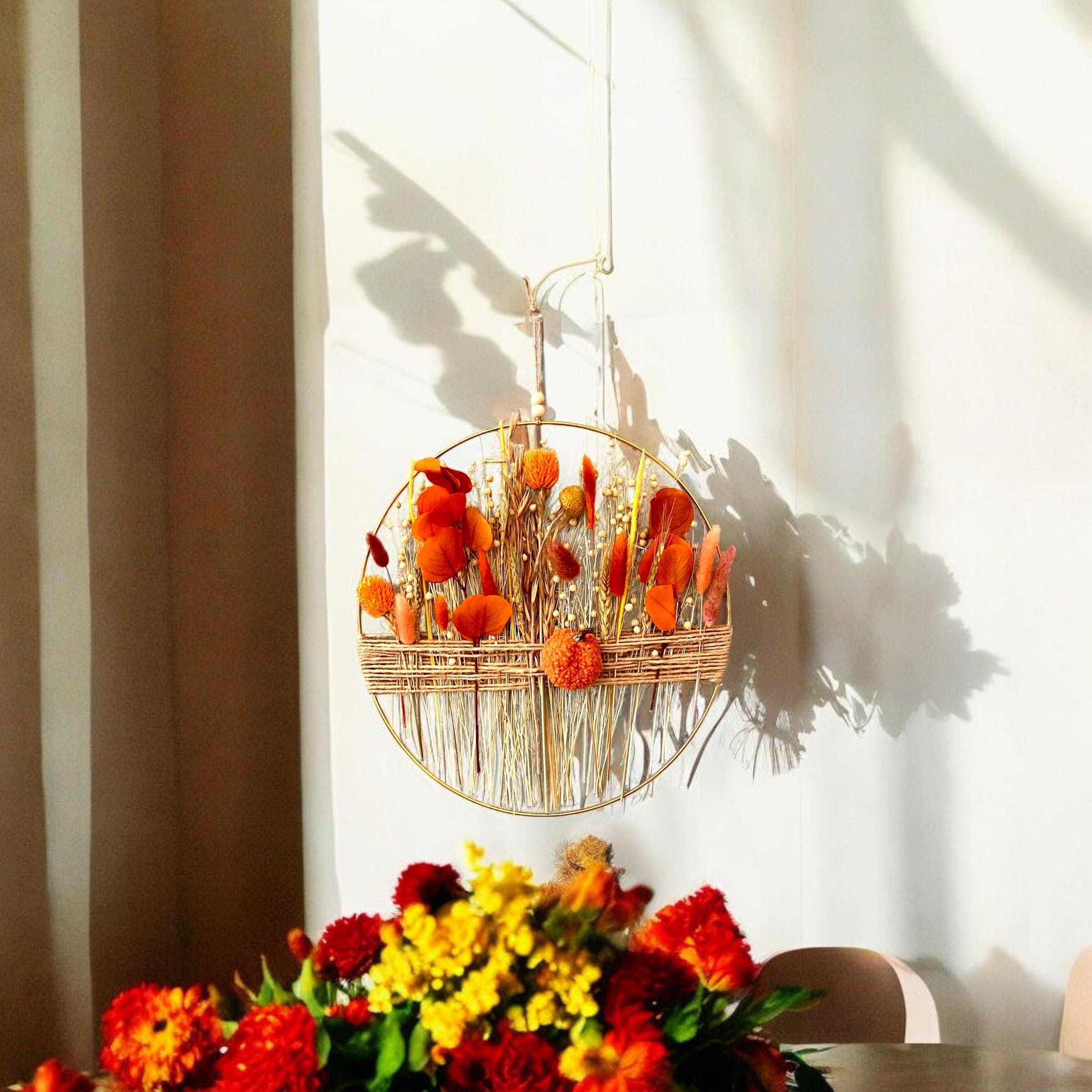 Autumn Pumpkin Dried Flower Wreath: Fall Boho Farmhouse Wall Decor