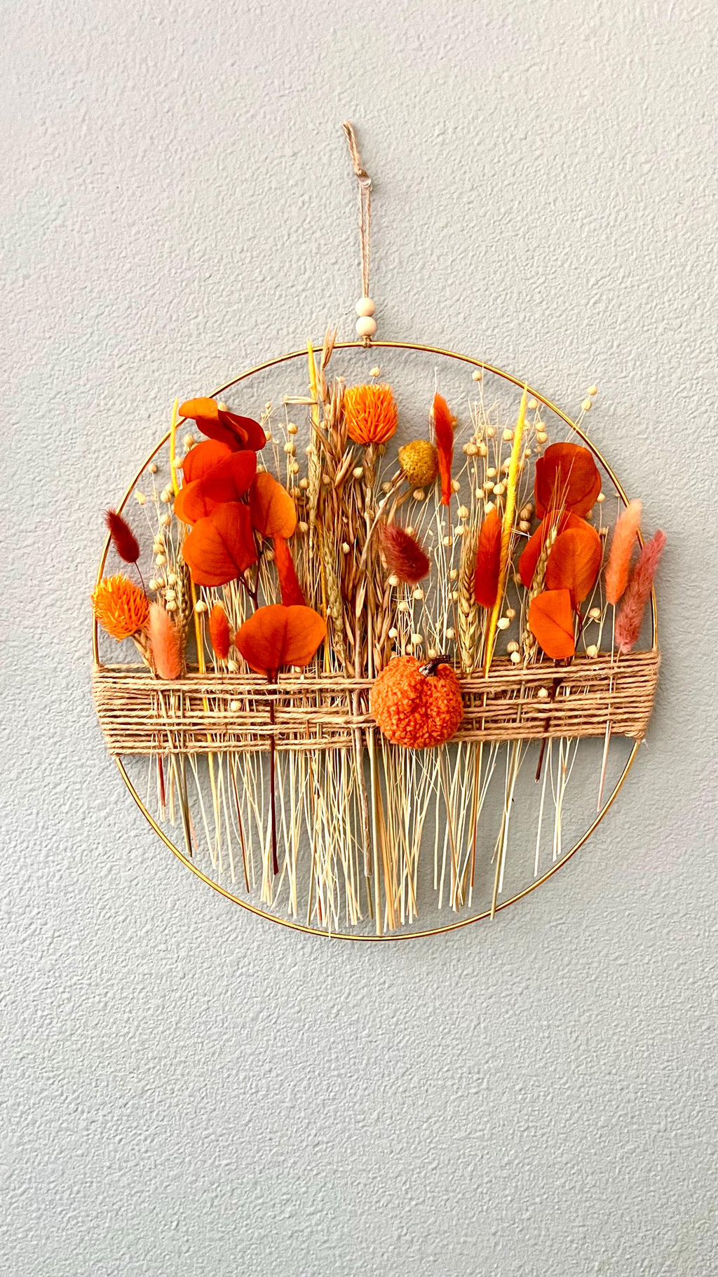 Autumn Pumpkin Dried Flower Wreath: Fall Boho Farmhouse Wall Decor