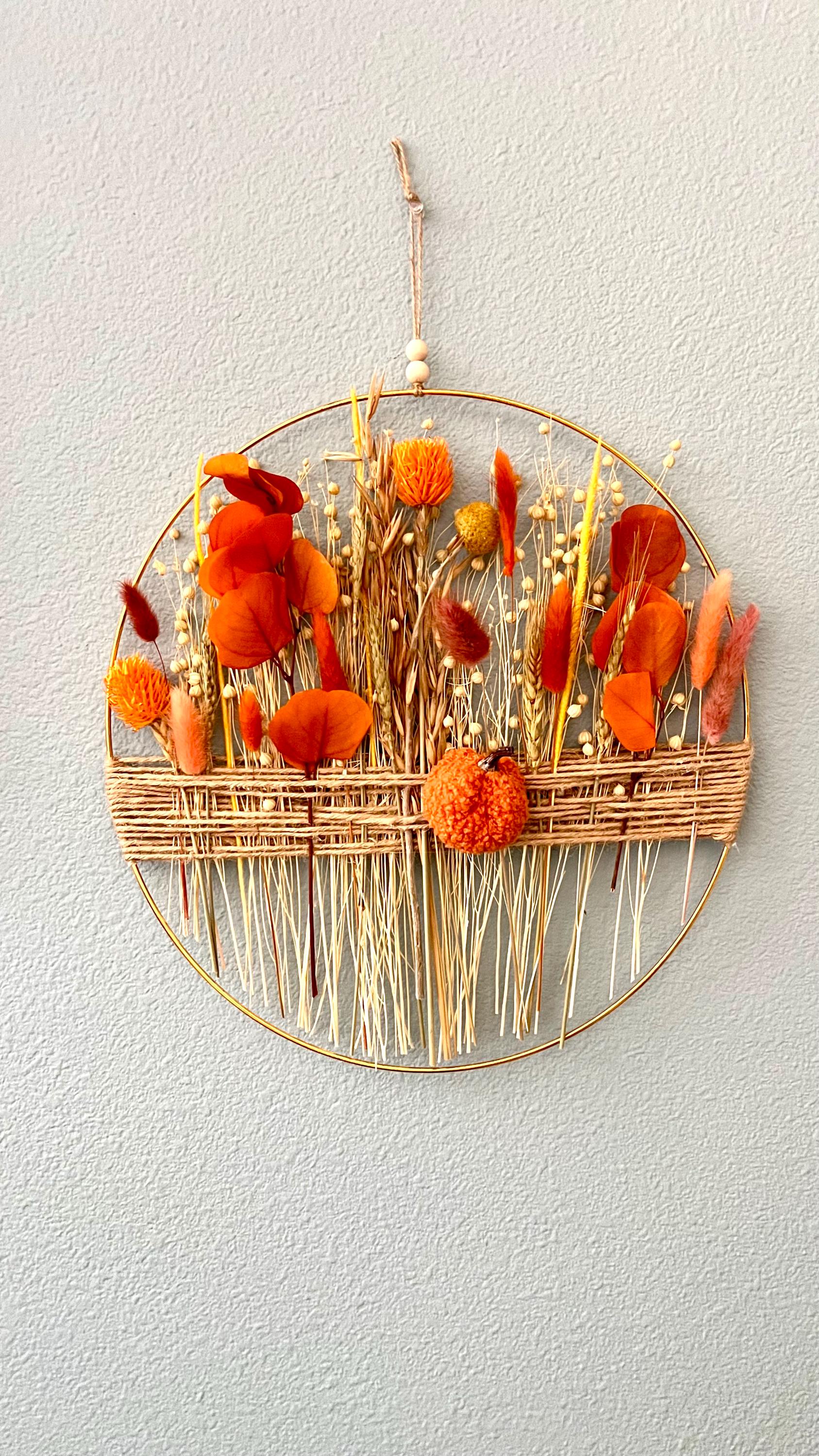 Autumn Pumpkin Dried Flower Wreath: Fall Boho Farmhouse Wall Decor