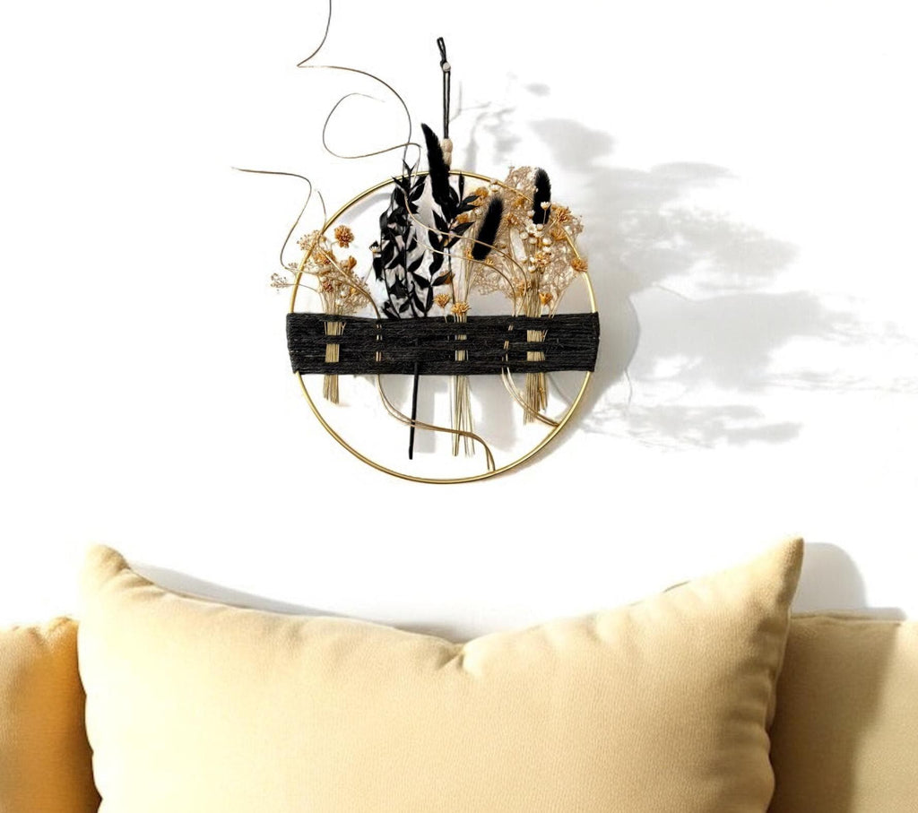 Black & Gold Dried Flower Wreath: Boho Farmhouse Wall Decor